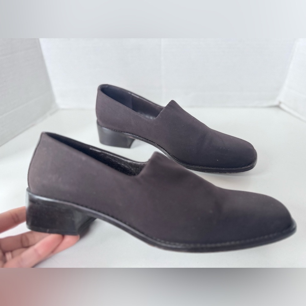 Vintage 90s Donald J Pliner Brown Elastic Square Toe Heel Loafer Shoes Size 7.5